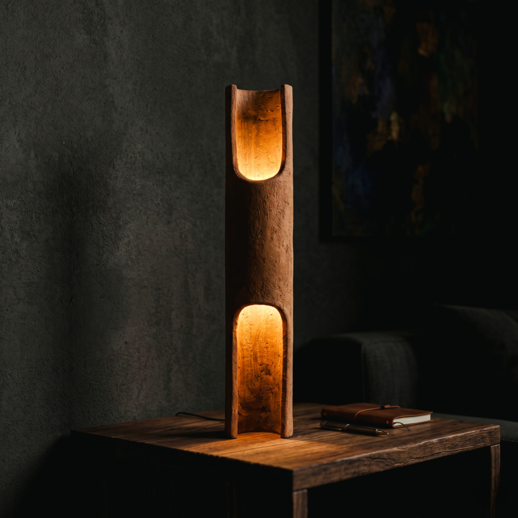 Vessel II lamp, a handcrafted ceramic cylindrical lamp open at both ends