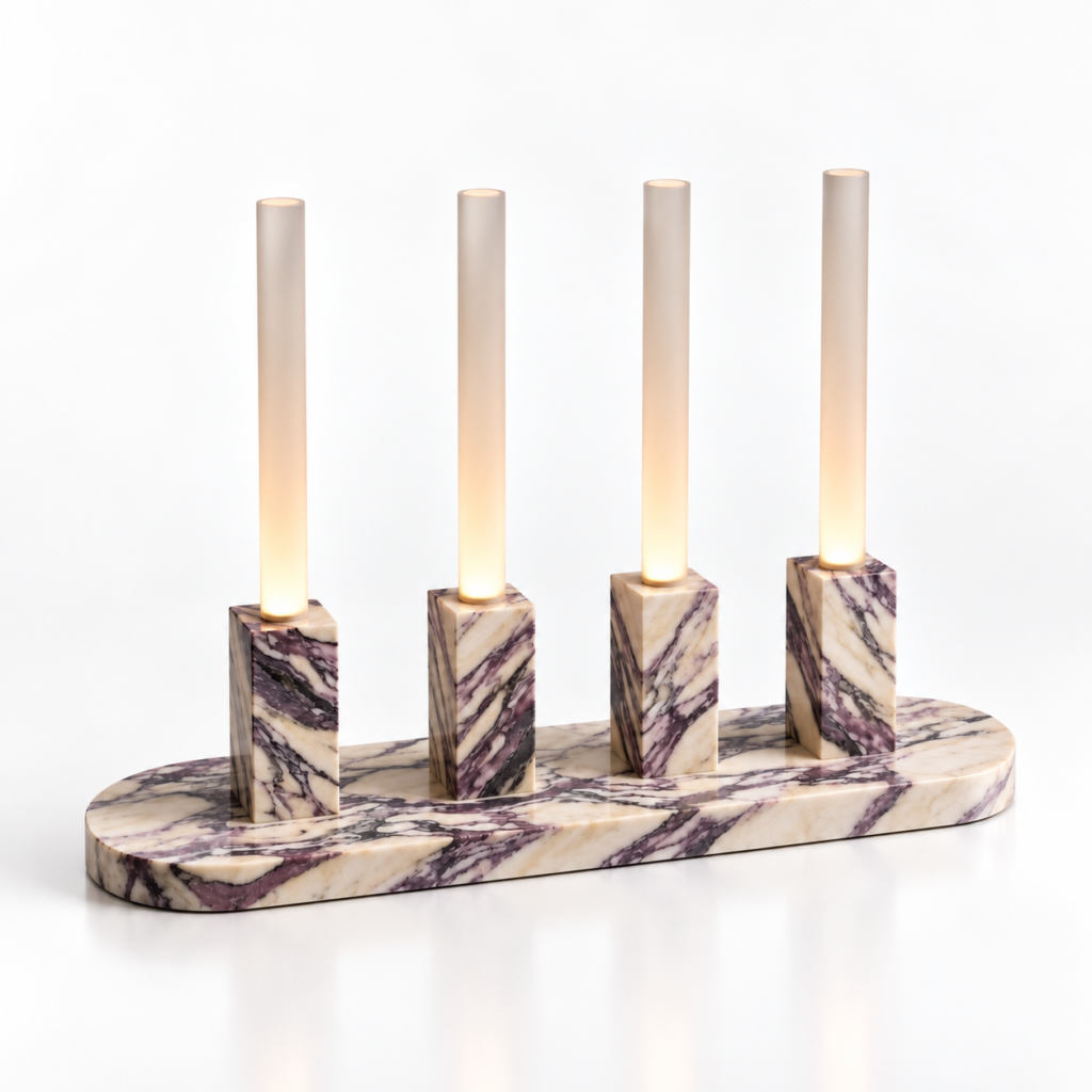 QUEUE lamp, a cluster of portable frosted-acrylic light columns on a stone base