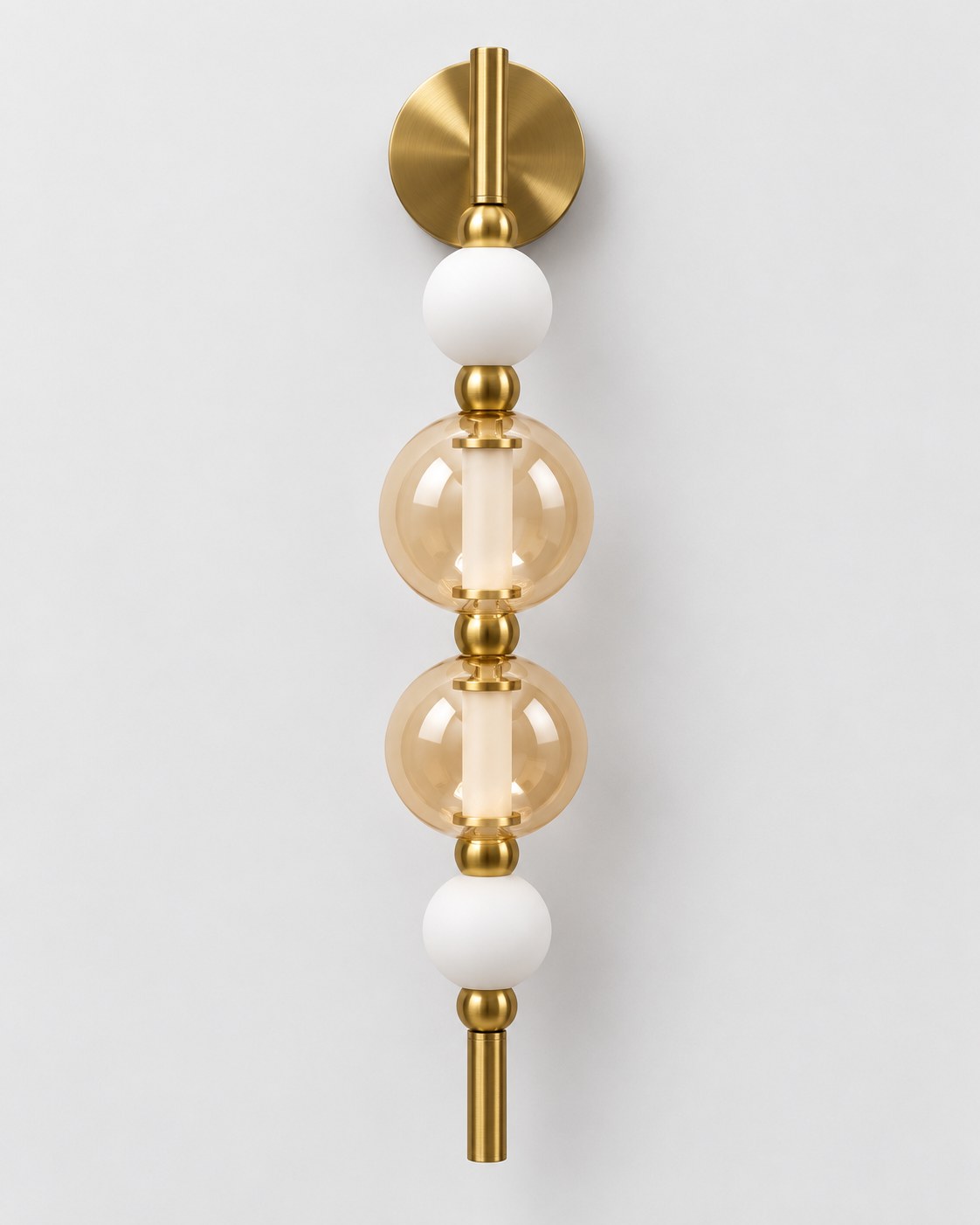 Aurelia wall lamp with brass fittings, opal glass and amber glass globes by Hilykan