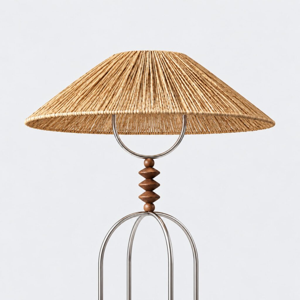Claudia lamp detail – conical shade above turned wooden beads