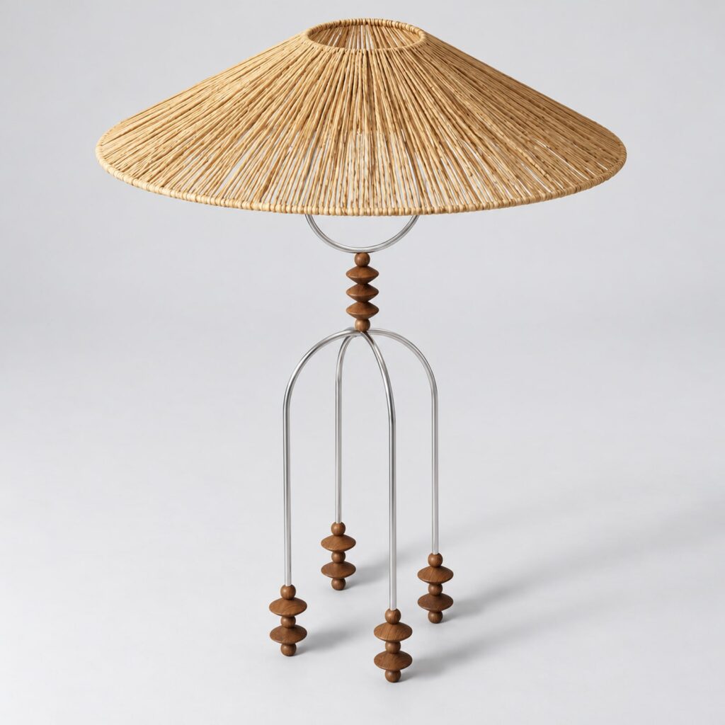 Claudia lamp seen from above – arched frame with hanging turned beads