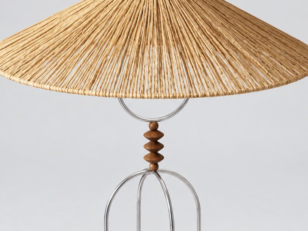Claudia lamp upper detail – wide conical shade rim, ring and turned beads from a high angle