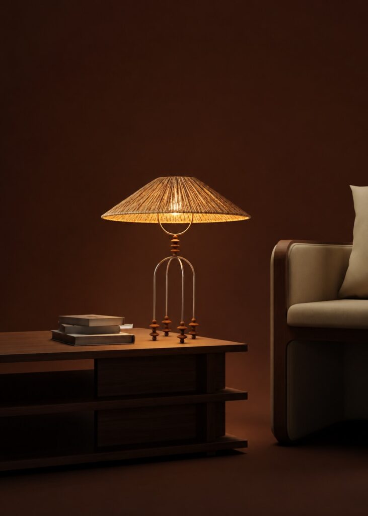 Claudia lamp glowing warmly in a living room setting
