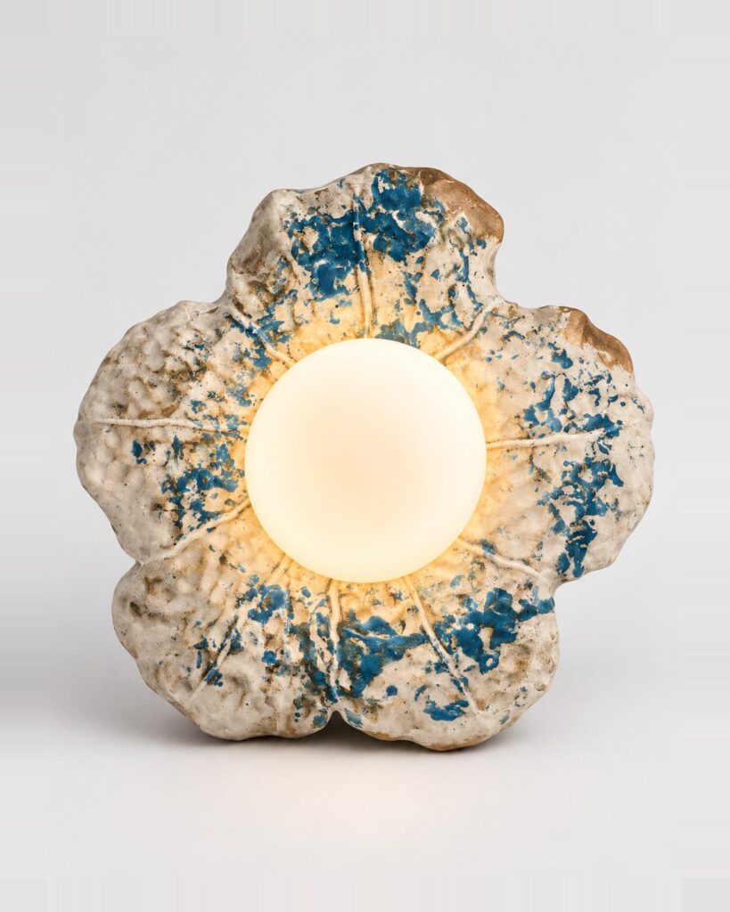 Floris lamp by Hilykan – glazed ceramic flower-shaped table lamp with frosted glass globe