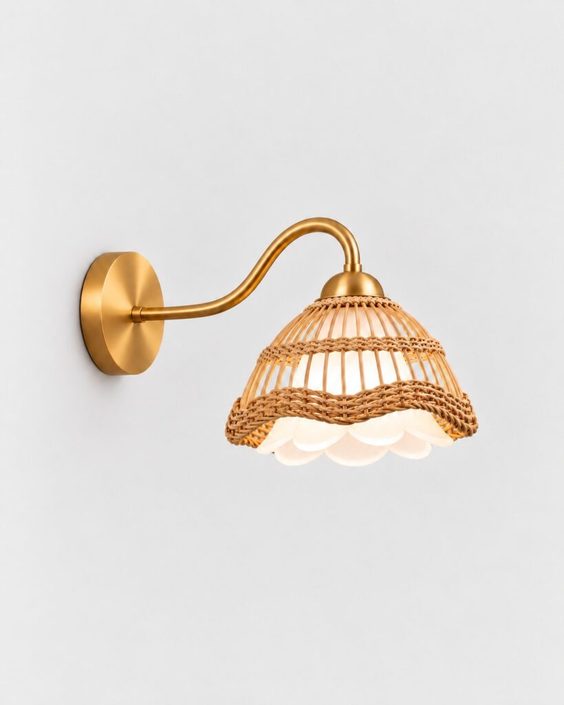 Intreccio wall lamp with a woven rattan shade on a curved brass arm by Hilykan