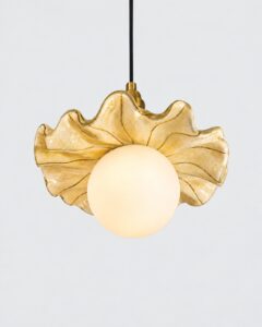 Lotus II pendant lamp with a golden petal shade and opal glass globe by Hilykan