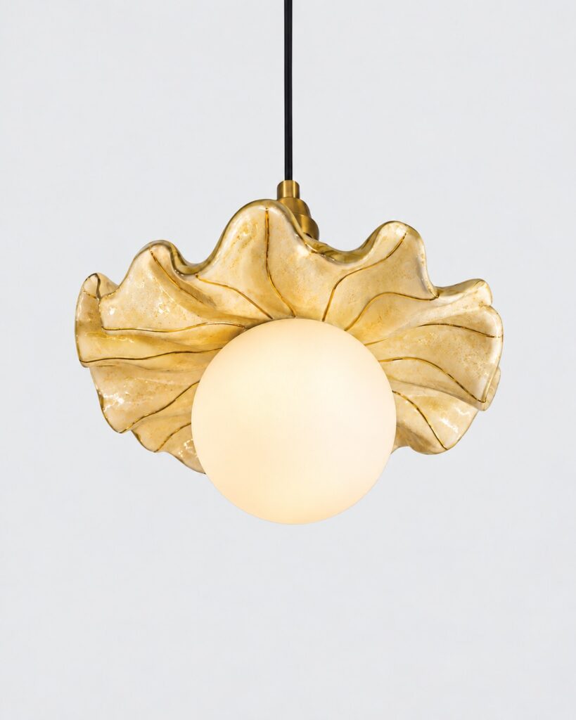 Lotus II pendant lamp with a golden petal shade and opal glass globe by Hilykan