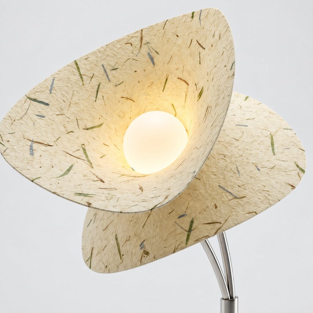 Close-up of the Mua lamp's layered dó paper shades with visible plant fibres, softly lit by a frosted globe bulb