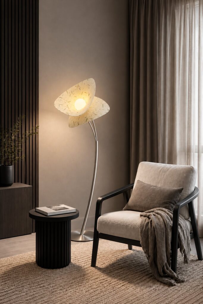 Mua floor lamp glowing beside an armchair in a warm living room corner
