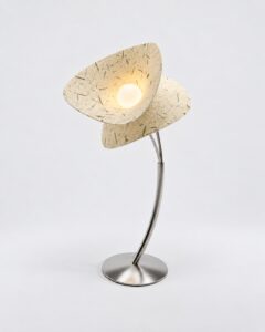 Mua floor lamp by Hilykan - two layered handmade dó paper shades on a curved brushed metal stem, studio view