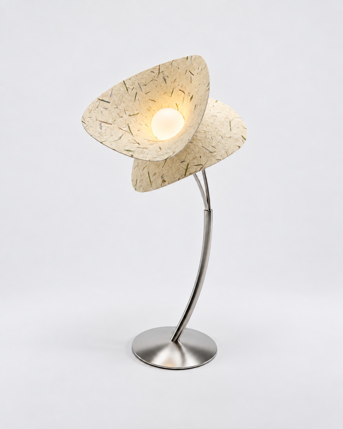 Mua floor lamp by Hilykan - two layered handmade dó paper shades on a curved brushed metal stem, studio view
