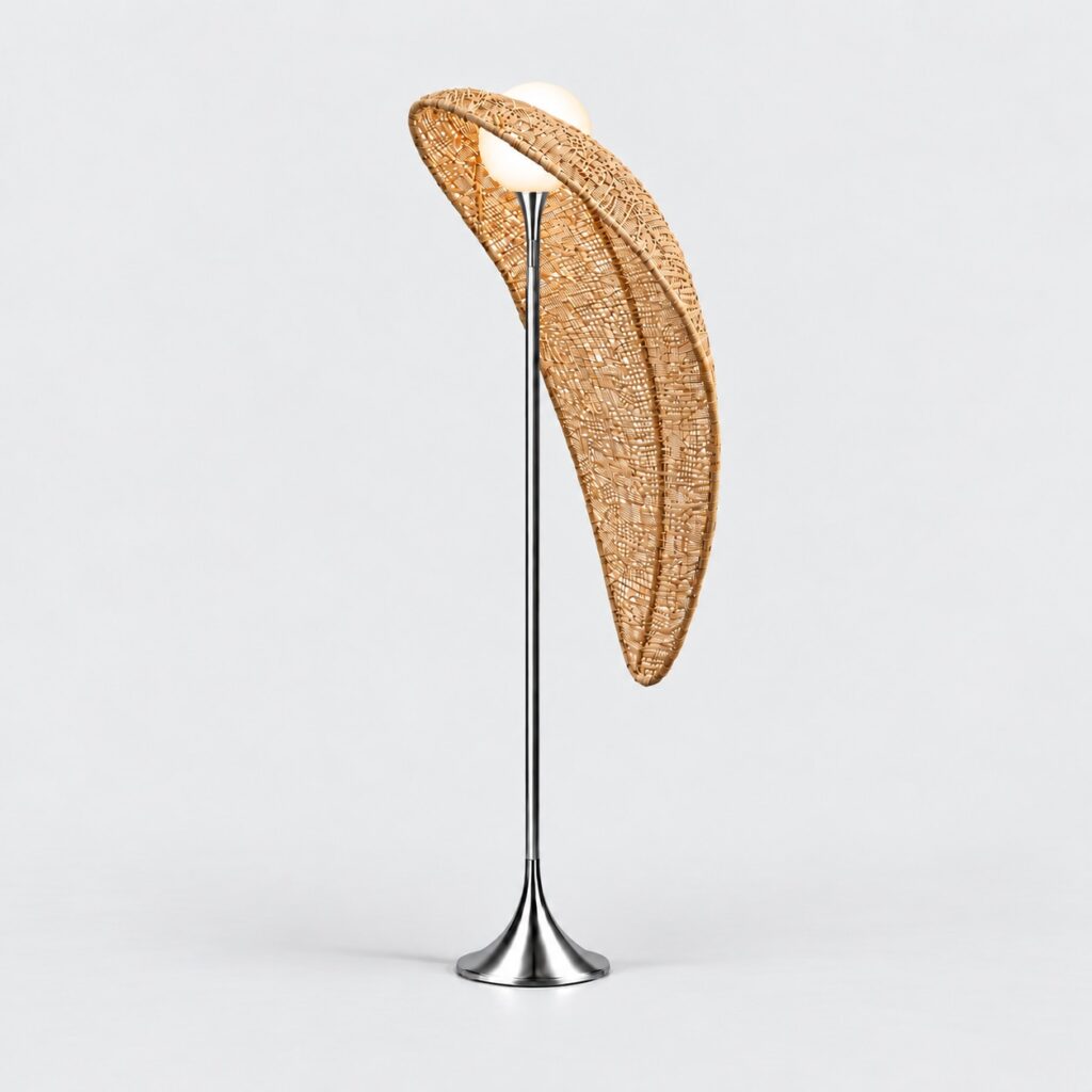 NMB lamp – hand-woven rattan shade with frosted glass bulb on a chrome stainless-steel stem