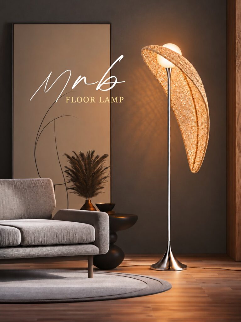 NMB floor lamp in a living room – hand-woven rattan shade and chrome stainless-steel stem