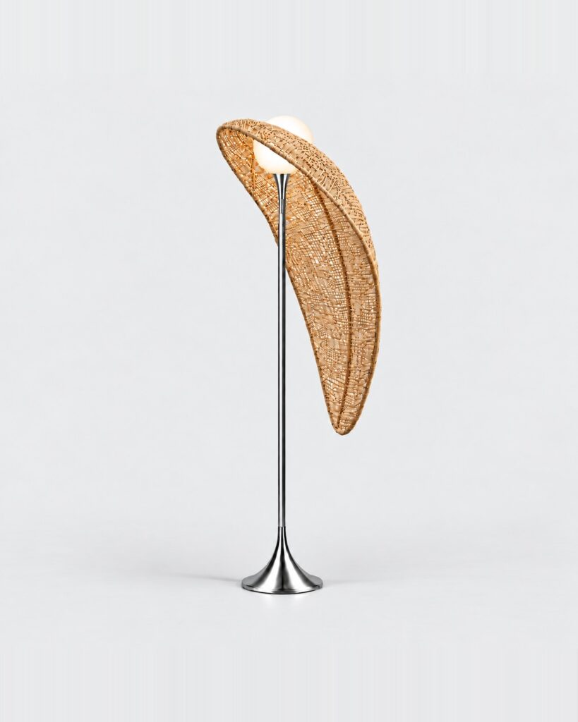NMB lamp – hand-woven rattan floor lamp with chrome stainless-steel stand, front view