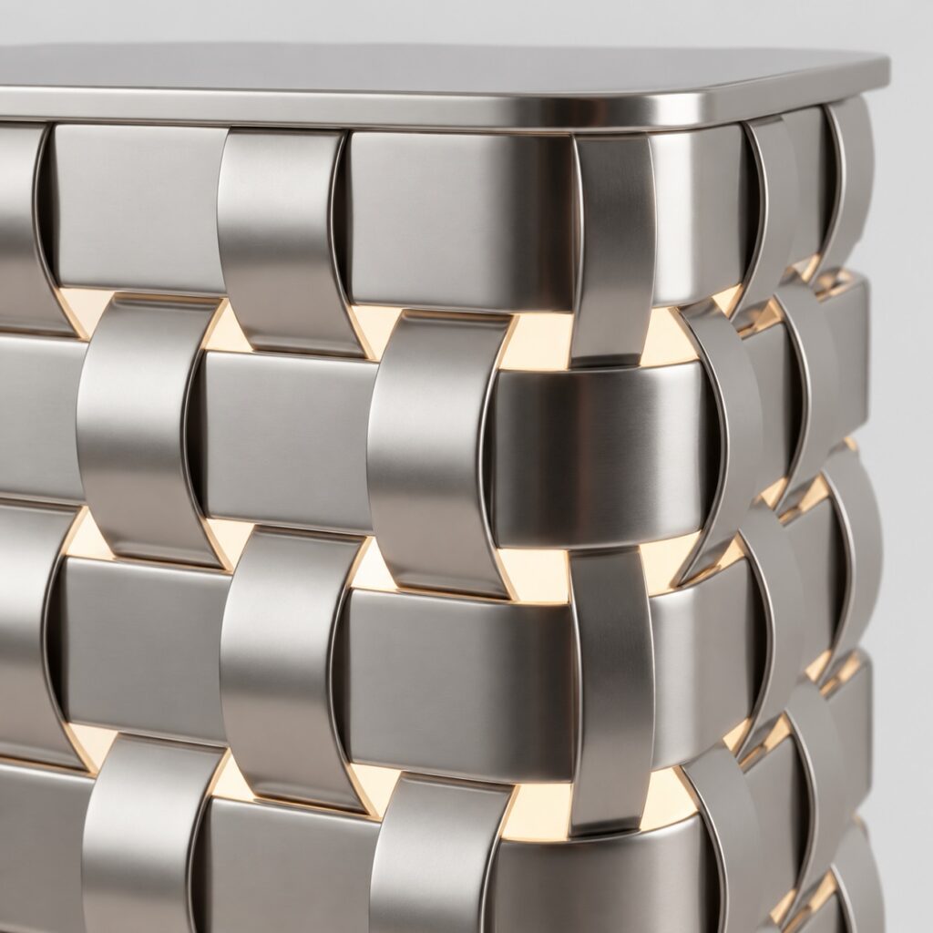 OT lamp close-up – woven stainless-steel strips with light through the gaps