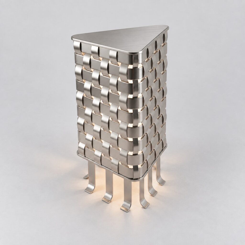 OT lamp from above – triangular woven stainless-steel table lamp
