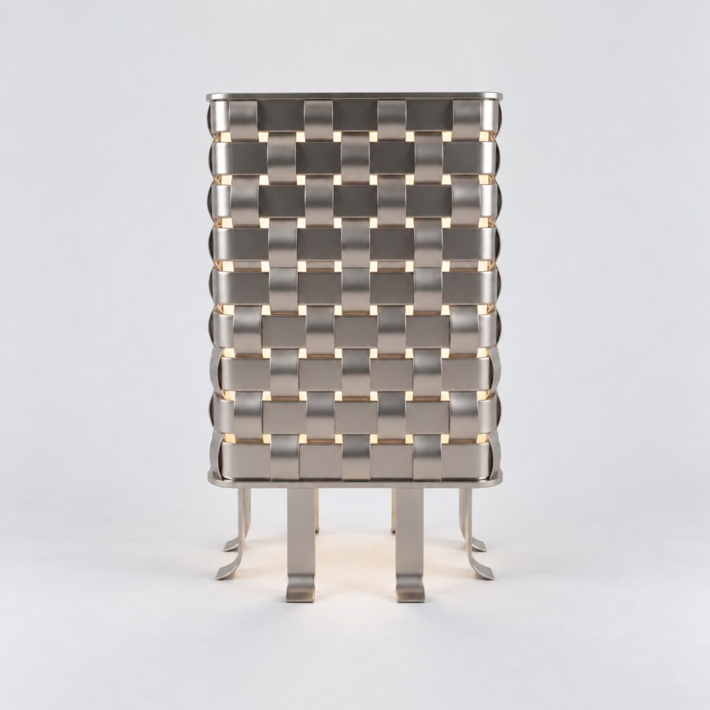 OT lamp – woven stainless-steel table lamp on grey studio background