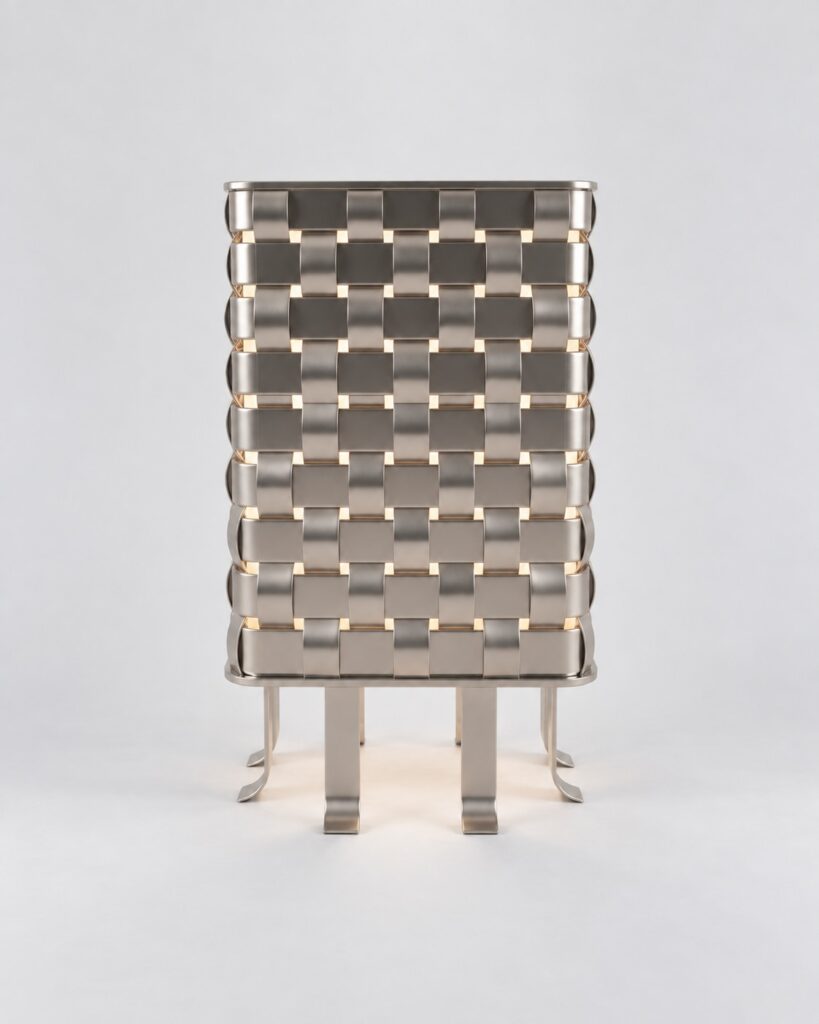 OT lamp by Hilykan – woven stainless-steel table lamp, front view
