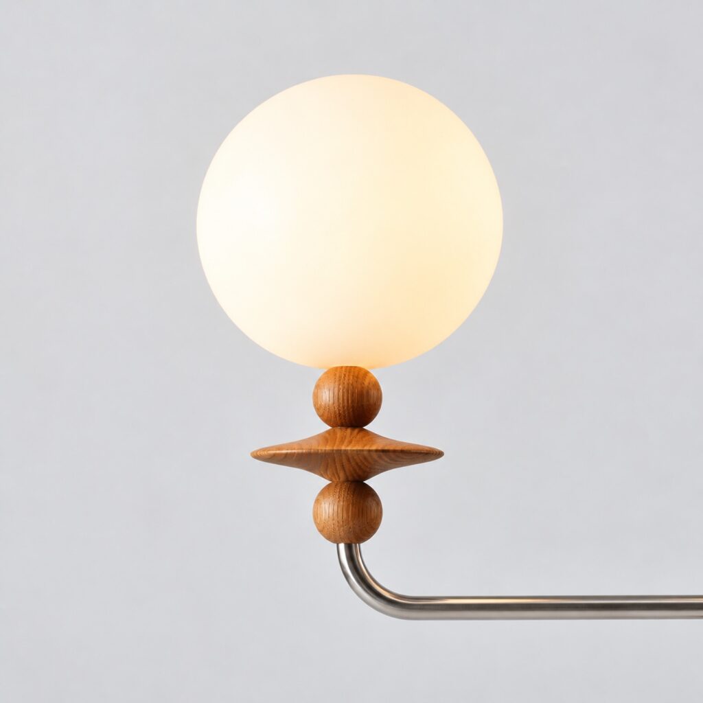 Sebastian lamp detail – turned wood accent and frosted glass globe