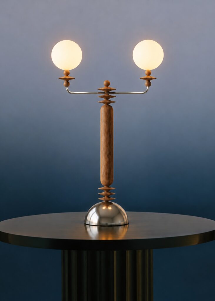 Sebastian lamp glowing on a dark table in a styled interior