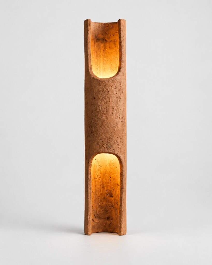 Vessel II terracotta lamp with glowing openings by Hilykan