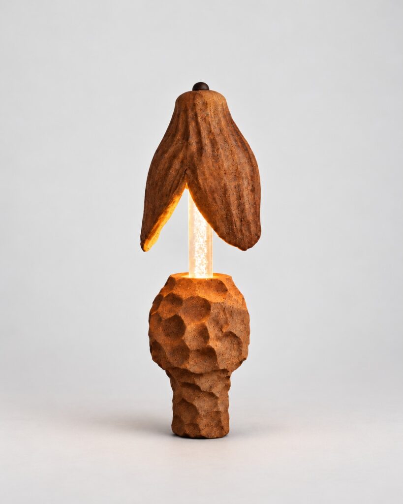 Vessel terracotta lamp shaped like a cacao pod by Hilykan
